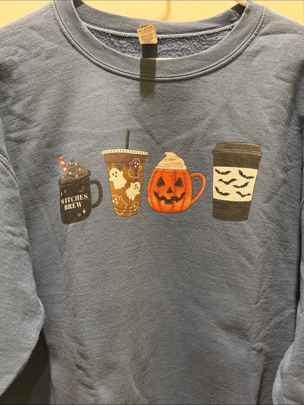 Gildan Blue Crewneck Sweatshirt with Halloween Drink Graphics - Picture 3 of 10